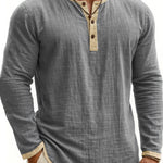 Digital Printing Two-tone Henley Shirt 3-button Men's Casual Long Sleeve