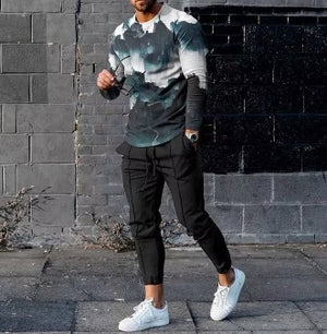 Men's Ethnic Style Printed Long Sleeve Trousers Suit