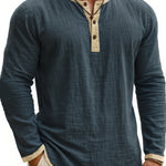 Digital Printing Two-tone Henley Shirt 3-button Men's Casual Long Sleeve