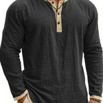 Digital Printing Two-tone Henley Shirt 3-button Men's Casual Long Sleeve